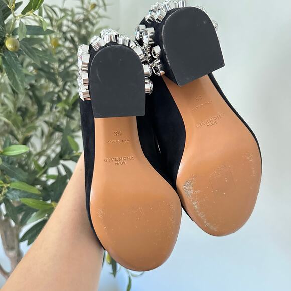 Givenchy Crystal Embellished Open Toe Suede Block Heel Mules Black 39 - Picture 9 of 9